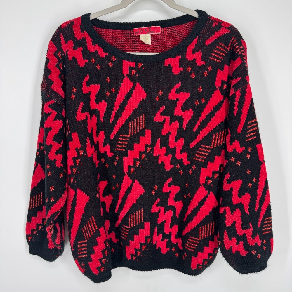 MEXX Vintage Sweater Small Geometric Retro Jumper Red VTG 80s